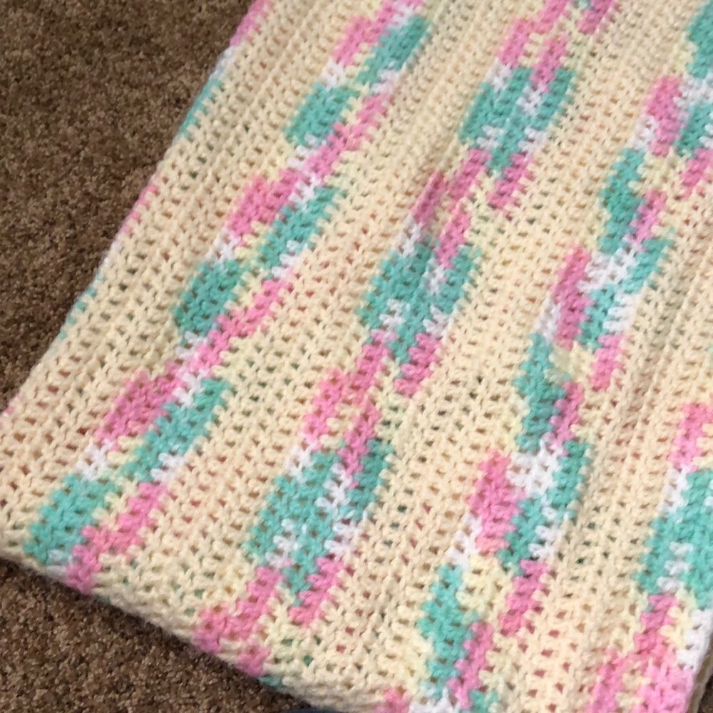 Handmade Baby Blanket in Pastel Green, Pink and Yellow, 34”x62”